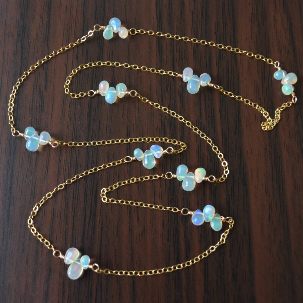 Long Opal Necklace in Gold - Handmade - Picture 2 of 10